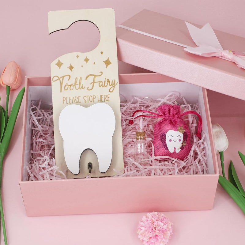 AINBIN Tooth Fairy Door Hanger, Tooth Fairy Kit Tooth Holder with Money Slot, Keepsake Bottle & Burlap Pouch for Lost Teeth, Encourage Gift for Boys Girls (Rose Red) - Image 4